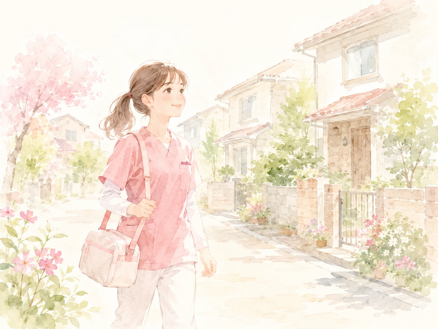 お家へ訪問に向かう看護師の水彩イラスト